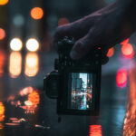 Ragazzo con fotocamera mirrorless Sony Alpha che scatta una foto di strada notturna