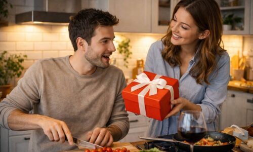 Coppia in cucina con donna che offre un regalo rosso a San Valentino