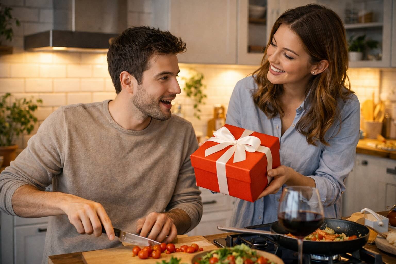 Coppia in cucina con donna che offre un regalo rosso a San Valentino