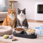 Gatti in casa con accessori per la cura quotidiana: ciotole rialzate in acciaio inox, fontanella automatica, cuccia, tiragraffi e lettiera automatica in un ambiente ordinato