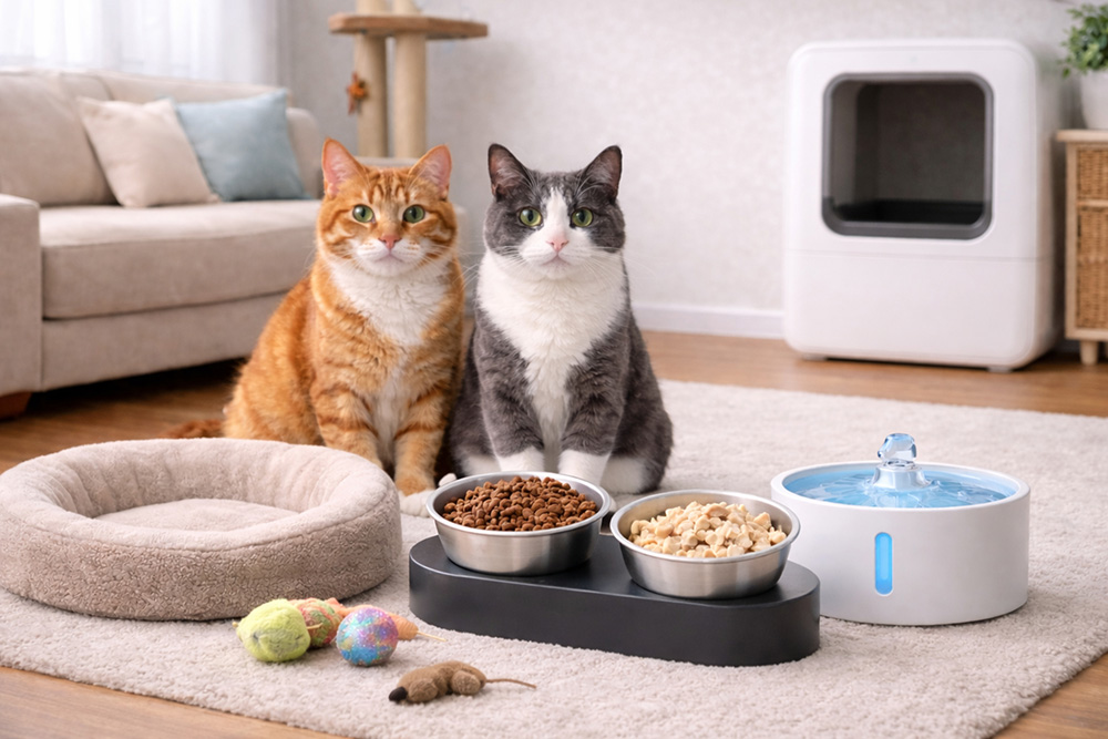 Gatti in casa con accessori per la cura quotidiana: ciotole rialzate in acciaio inox, fontanella automatica, cuccia, tiragraffi e lettiera automatica in un ambiente ordinato