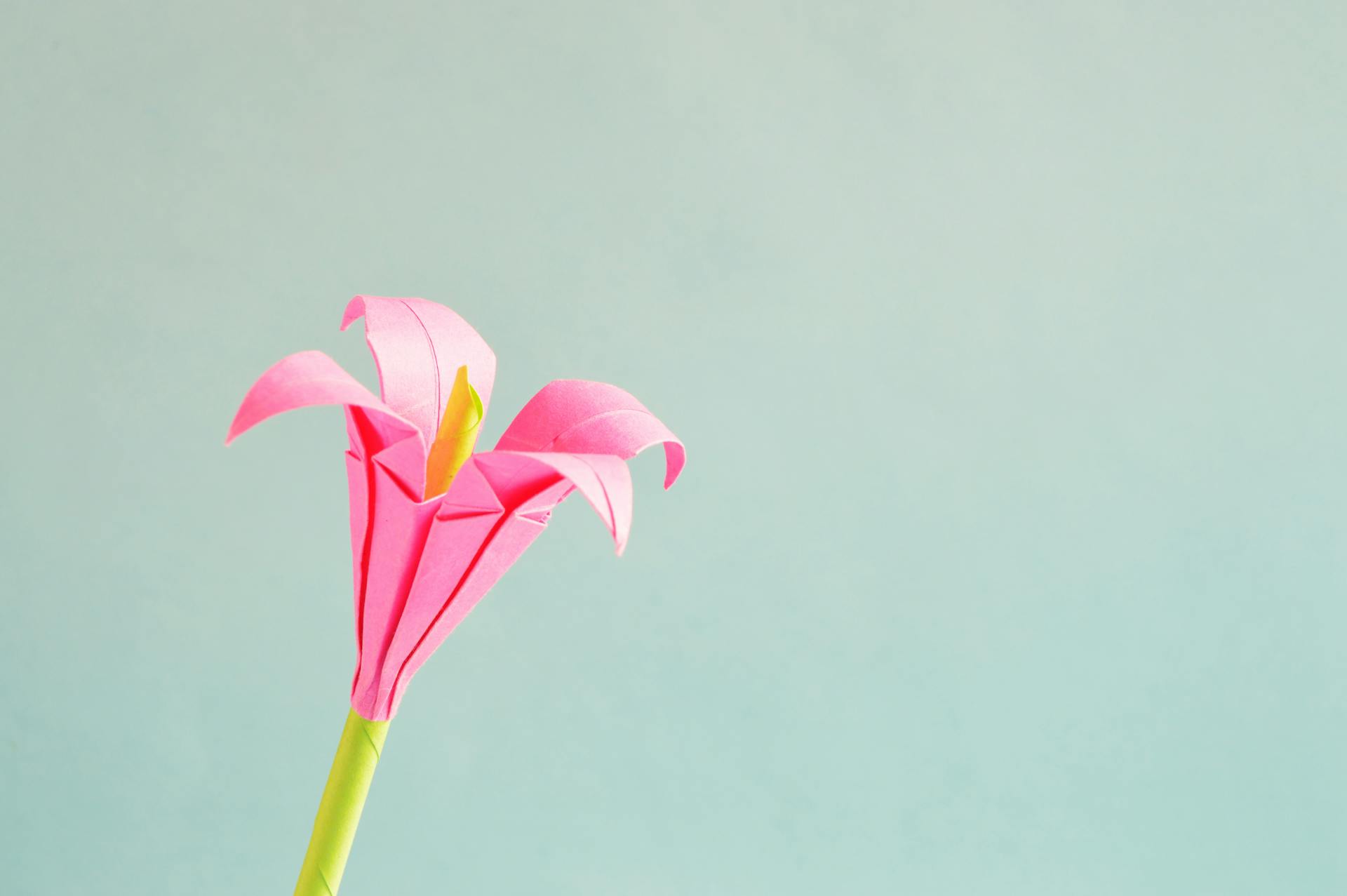 Origami a forma di fiore in carta rosa e gialla su sfondo minimal