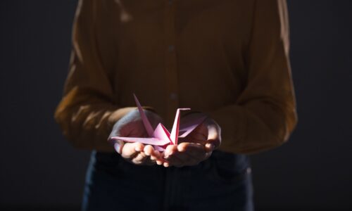 Gru della pace in origami rosa tenuta tra le mani di una persona