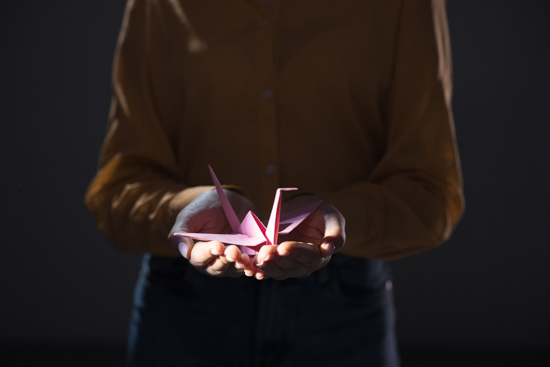 Gru della pace in origami rosa tenuta tra le mani di una persona