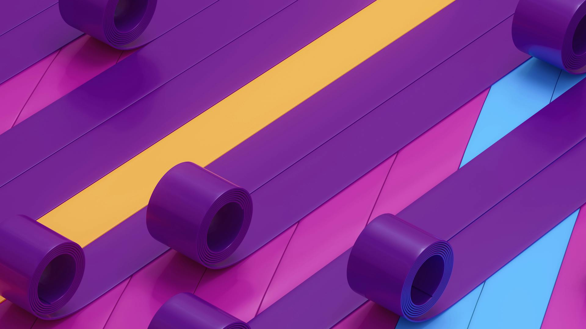 Modelli 3D di imballaggi cilindrici viola su sfondo geometrico colorato