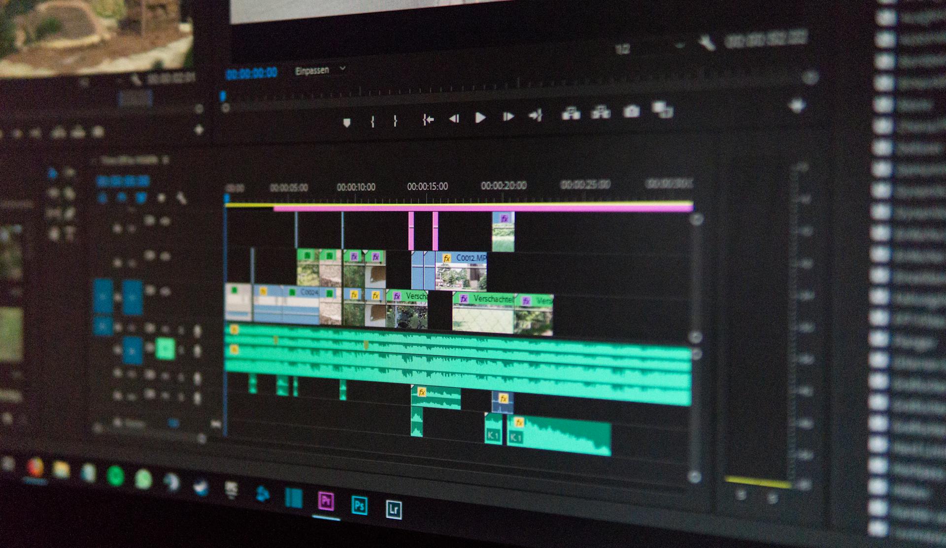 Schermata del software di montaggio video professionale con timeline ed effetti grafici durante la post produzione di un filmato aziendale